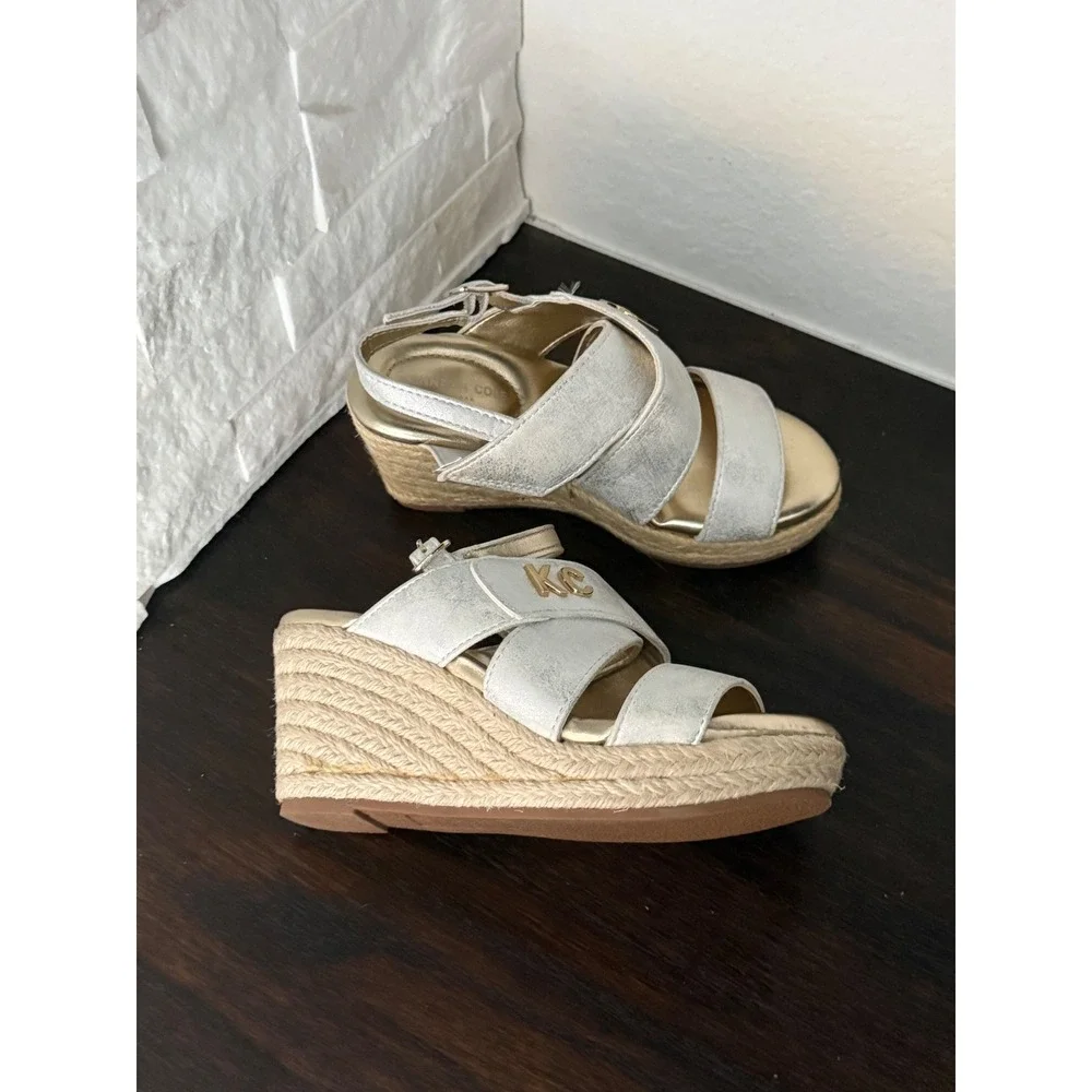 Kenneth Cole Girls Silver Metallic Espadrille Wedge Sandals Size 13